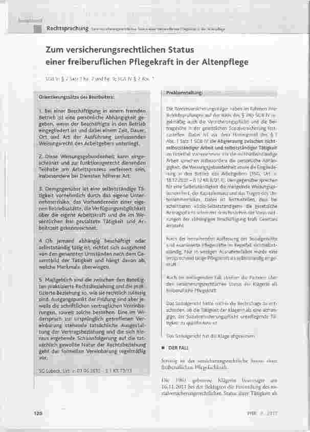 Vorschauseite 1: Zum versicherungsrechtlichen Status einer freiberuflichen Pflegekraft in der Altenpflege