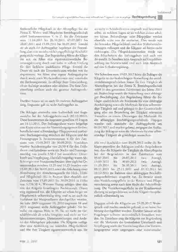 Vorschauseite 2: Zum versicherungsrechtlichen Status einer freiberuflichen Pflegekraft in der Altenpflege