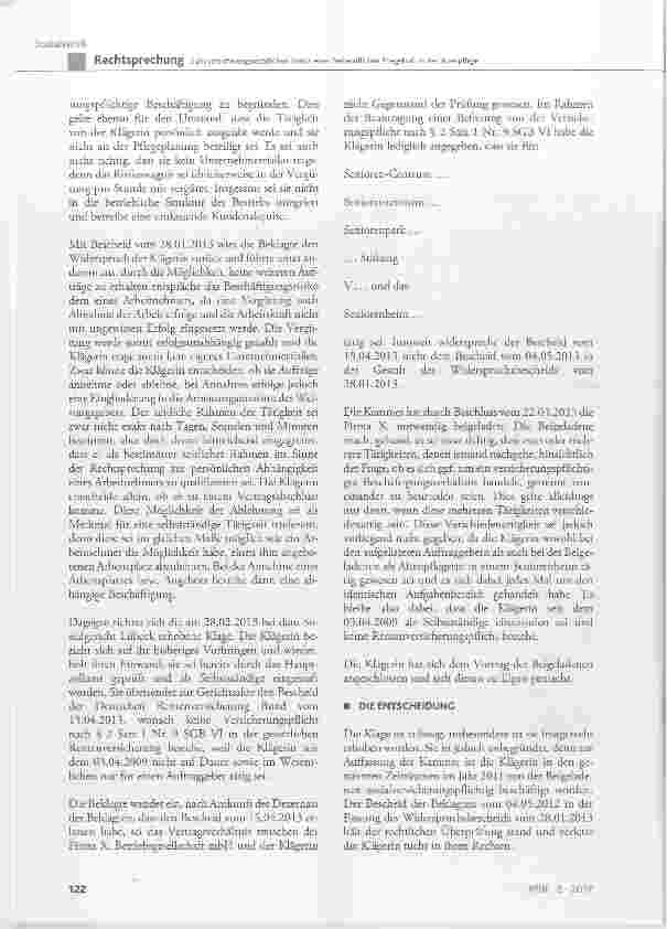 Vorschauseite 3: Zum versicherungsrechtlichen Status einer freiberuflichen Pflegekraft in der Altenpflege