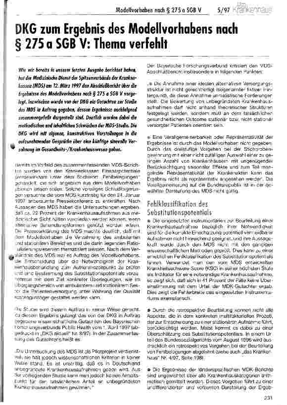 Vorschauseite 1: DKG zum Ergebnis des Modellvorhabens nach § 275 a SGB V: Thema verfehlt