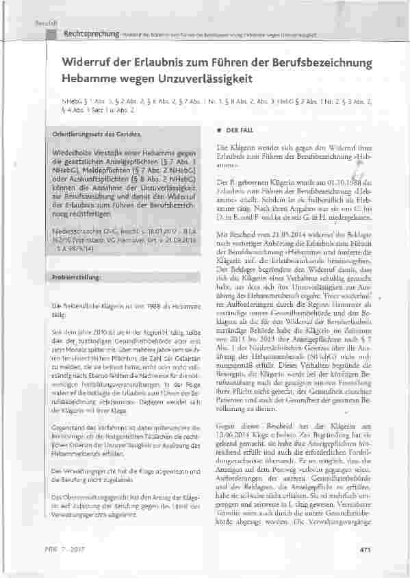 Vorschauseite 1: Widerruf der Erlaubnis zum Führen der Berufsbezeichnung Hebamme wegen Unzuverlässigkeit