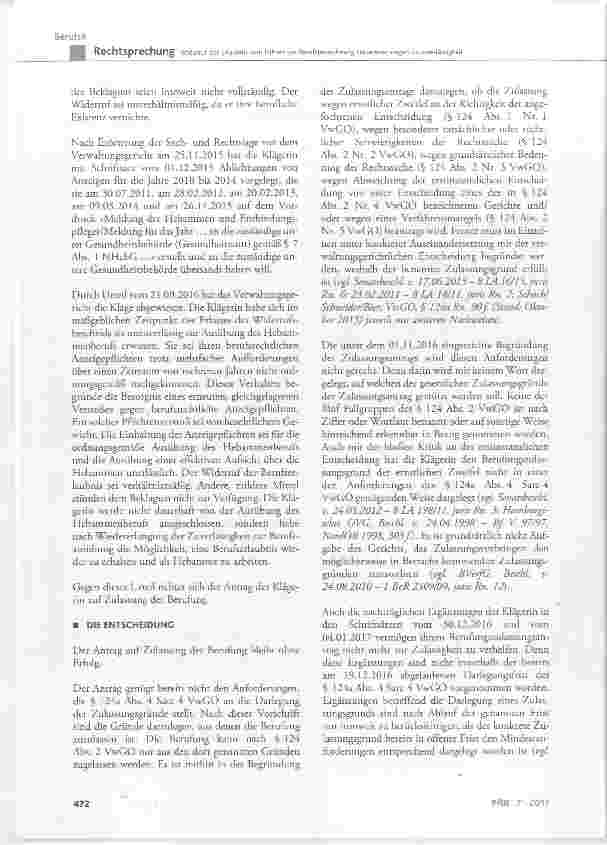 Vorschauseite 2: Widerruf der Erlaubnis zum Führen der Berufsbezeichnung Hebamme wegen Unzuverlässigkeit