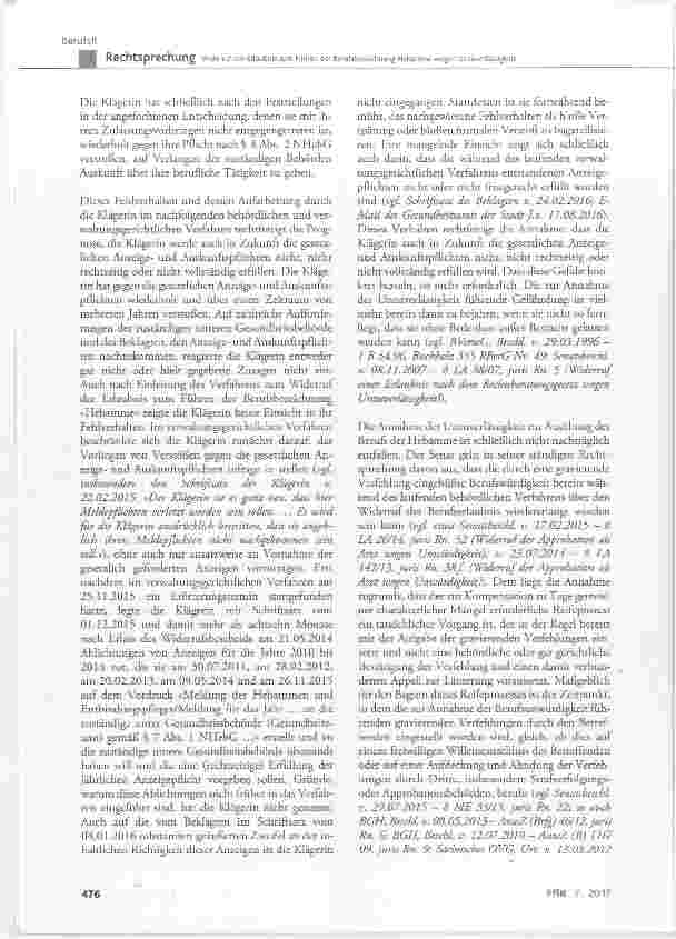 Vorschauseite 6: Widerruf der Erlaubnis zum Führen der Berufsbezeichnung Hebamme wegen Unzuverlässigkeit