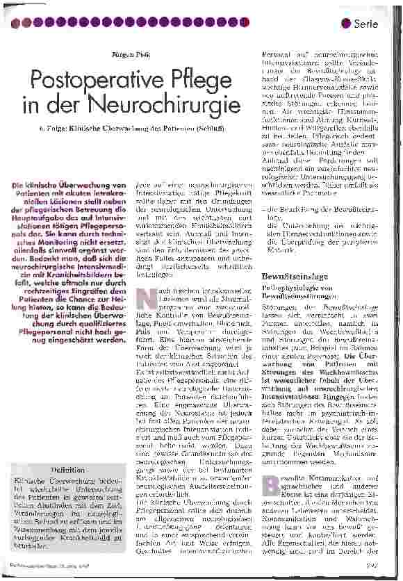 Vorschauseite 1: Postoperative Pflege in der Neurochirurgie 6. Folge: Klinische Überwachung des Patienten (Schluß)