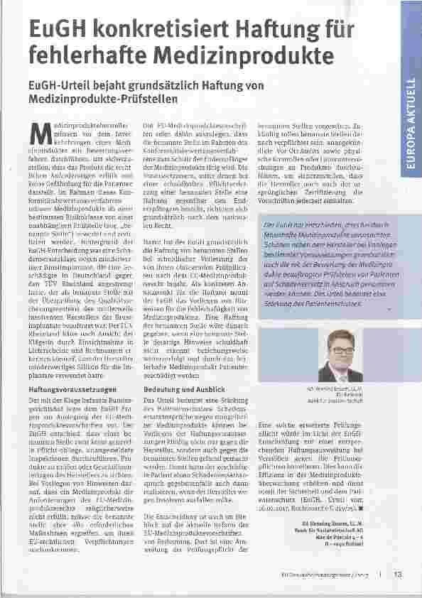 Vorschauseite 1: EuGH konkretisiert Haftung für fehlerhafte Medizinprodukte