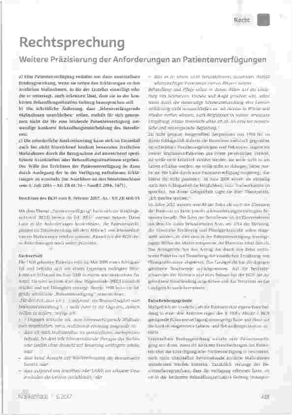 Vorschauseite 1: Weitere Präzisierung der Anforderungen an Patientenverfügungen