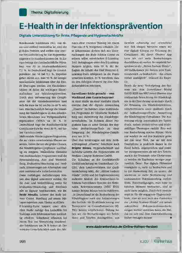 Vorschauseite 1: E-Health in der Infektionsprävention