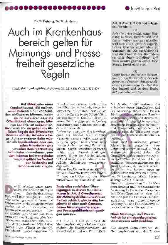 Vorschauseite 1: Auch im Krankenhausbereich gelten für Meinungsund Pressefreiheit gesetzliche Regeln