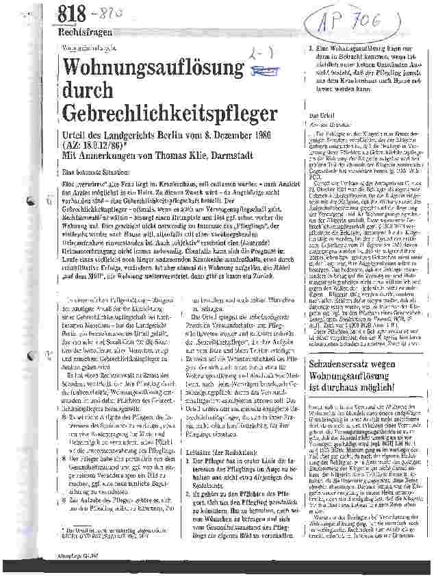 Vorschauseite 1: Wohnungsauflösung durch Gebrechlichkeitspfleger / Urteil des Landesgerichtes Berlin vom 8. 12. 86