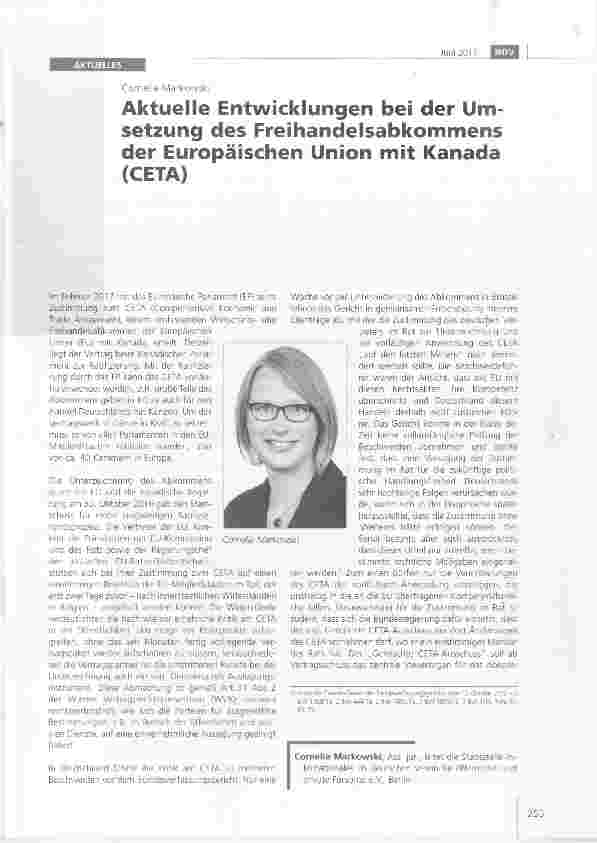 Vorschauseite 1: Aktuelle Entwicklungen bei der Umsetzung des Freihandelsabkommens der Europäischen Union mit Kanada (CETA)