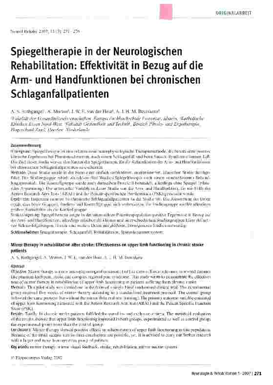 Vorschauseite 1: Spiegeltherapie in der Neurologischen Rehabilitation: Effektivität in Bezug auf die Armund Handfunktionen bei chronischen Schlaganfallpatienten