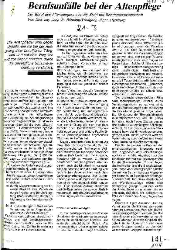 Vorschauseite 1: Berufsunfälle bei der Altenpflege/ Der Beruf des Altenpflegers aus der Sicht der Berufsgenossenschaft