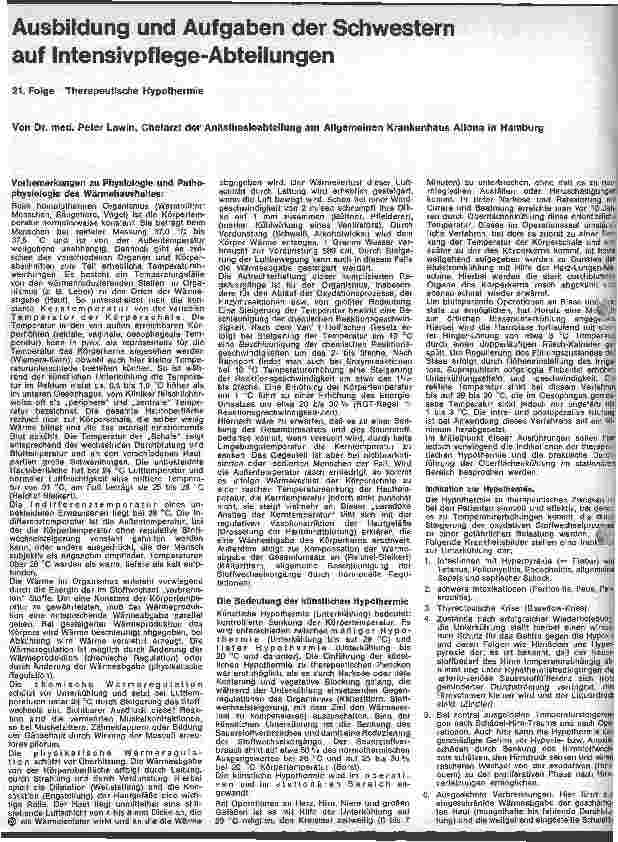 Vorschauseite 1: Ausbildung und Aufgaben der Schwestern auf Intensivpflegeabteilungen 21. Folge: Therapeutische-Hypothermie