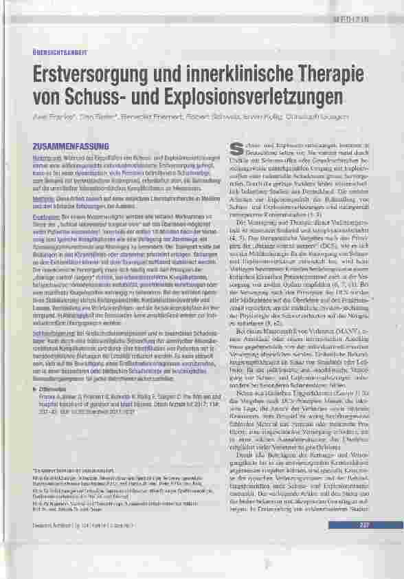 Vorschauseite 1: Erstversorgung und innerklinische Therapie von Schussund Explosionsverletzungen