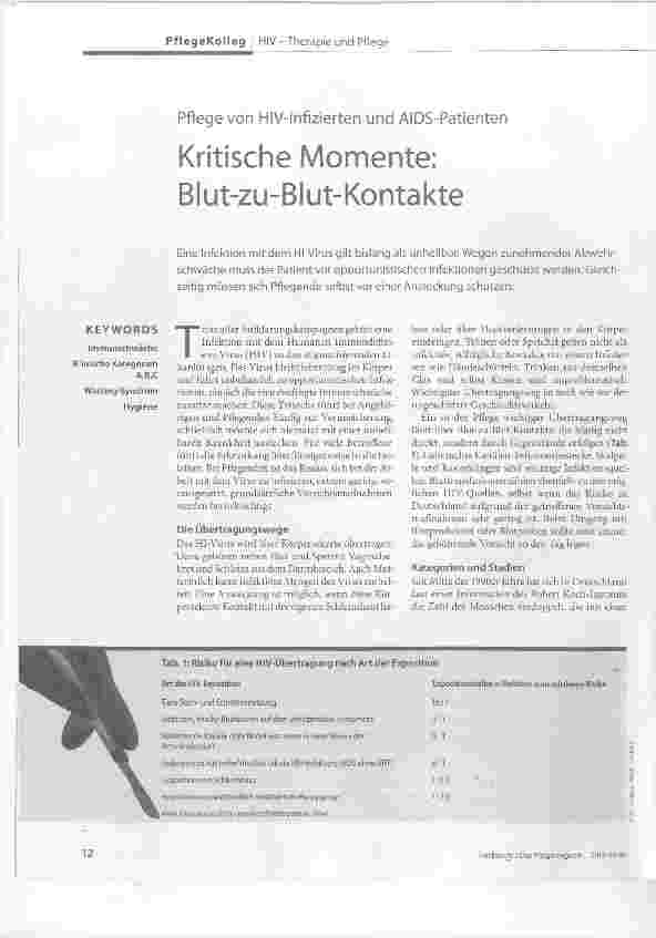 Vorschauseite 1: Pflege von HlV-lnfizierten und AIDS-Patienten Kritische Momente: Blut-zu-Blut-Kontakte