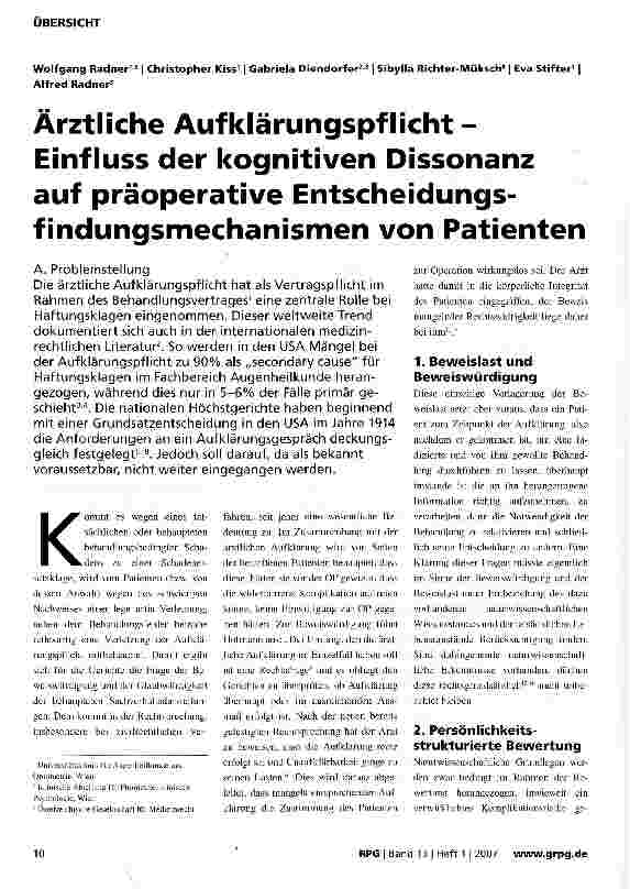 Vorschauseite 1: Ärztliche Aufklärungspflicht -Einfluss der kognitiven Dissonanz auf präoperative Entscheidungsfindungsmechanismen von Patienten