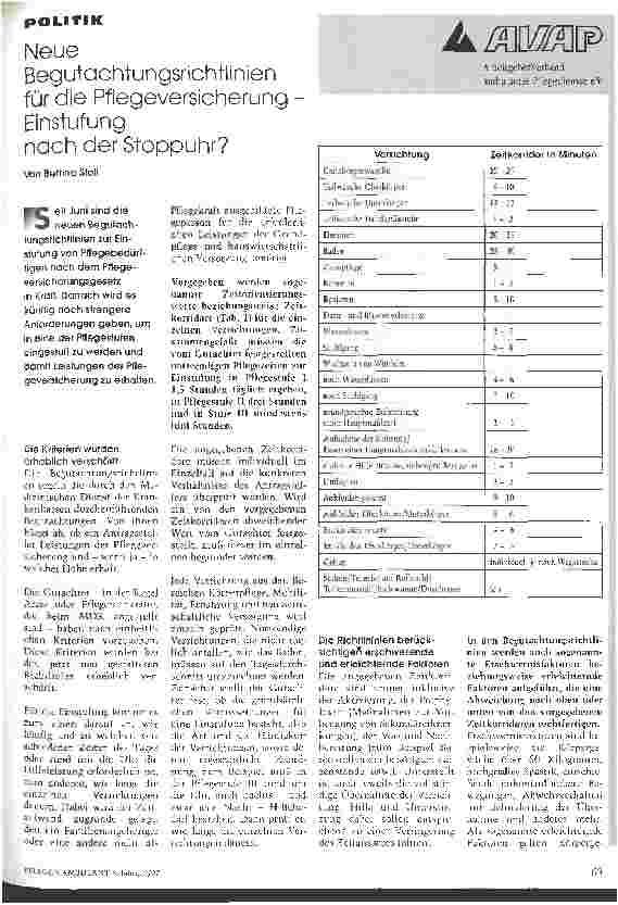 Vorschauseite 1: Neue Begutachtungsrichtlinien für die Pflegeversicherung - Einstufung nach der Stoppuhr?
