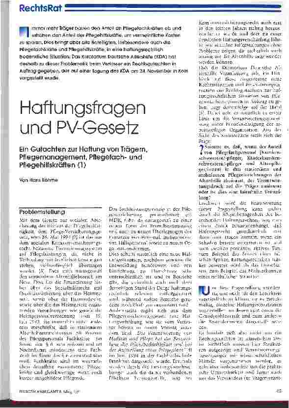 Vorschauseite 1: Haftungsfragen und PV-Gesetz Ein Gutachten zur Haftung von Trägern, Pflegemanagement, Pflegefachund Pflegehilfskräften