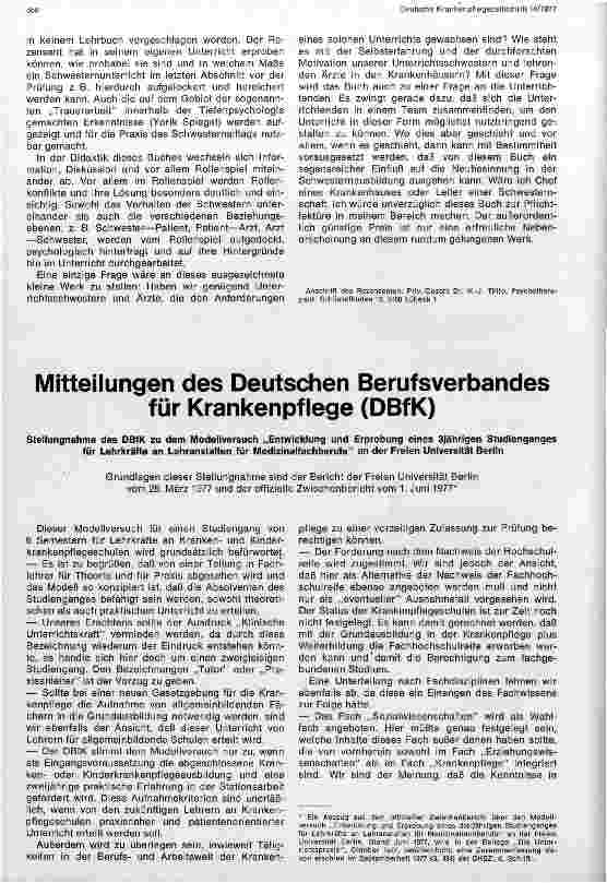Vorschauseite 1: Stellungnahme des DBFK zum Modellversuch Entwicklung u. Erprobung eines 3-jährigen Studienganges für Lehrkräfte an Lehranstalten.. Uni-Berlin