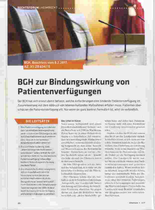 Vorschauseite 1: BGH zur Bindungswirkung von Patientenverfügungen
