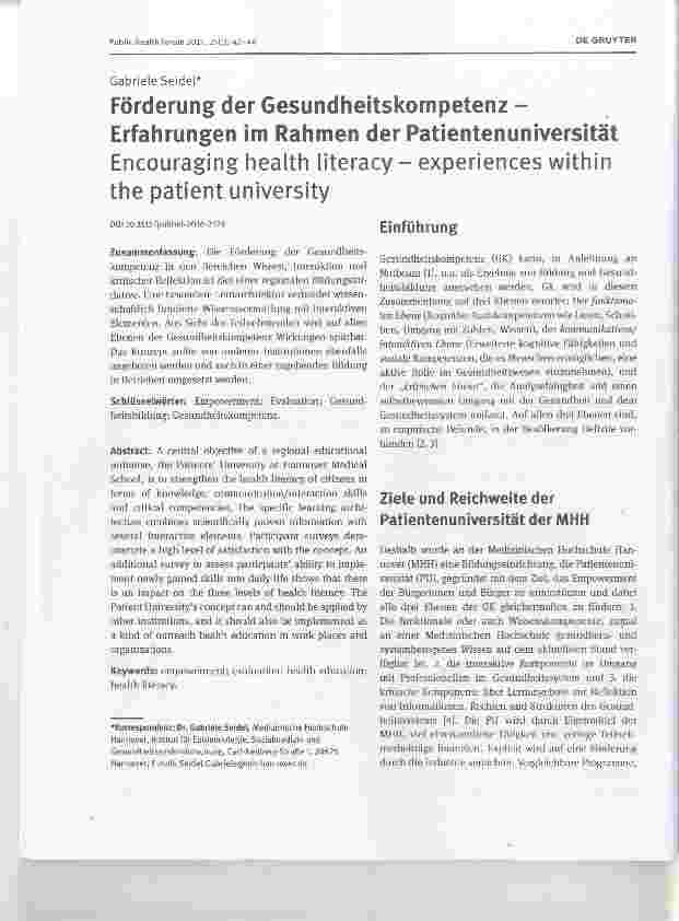 Vorschauseite 1: Förderung der Gesundheitskompetenz Erfahrungen im Rahmen der PatientenuniversitätEncouraging health literacy experiences within the patient university