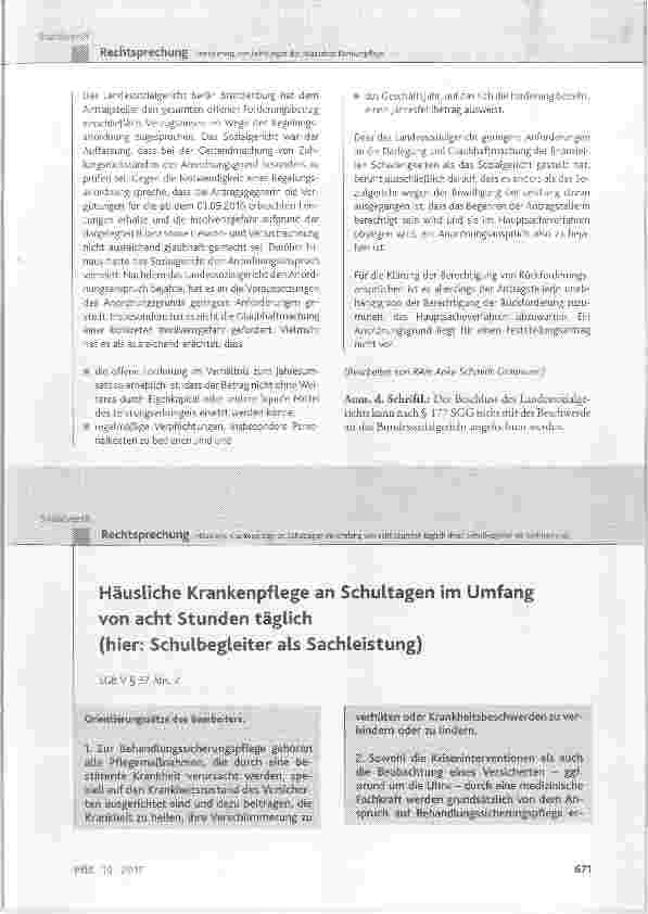 Vorschauseite 1: Häusliche Krankenpflege an Schultagen im Umfang von acht Stunden täglich (hier: Schulbegleiter als Sachleistung)