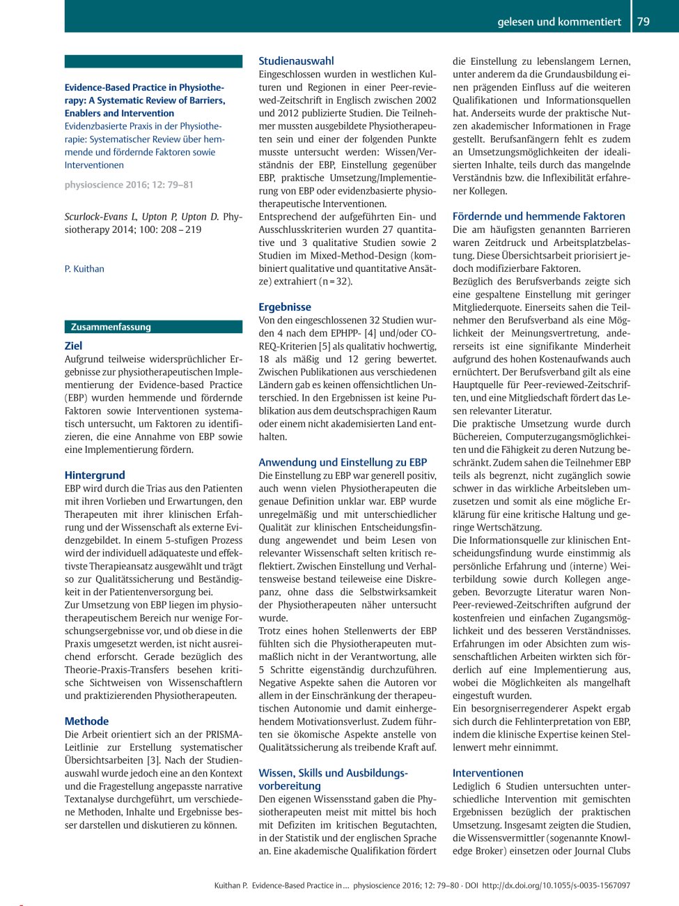 Vorschauseite 1: Evidence-Based Practice in Physiotherapy: A Systematic Review of Barriers, Enablers and Intervention