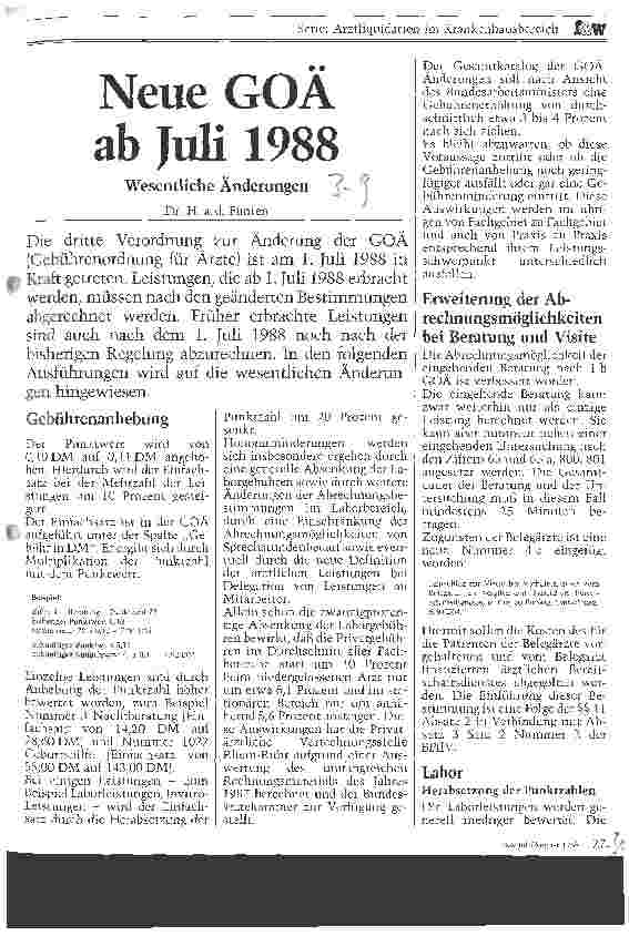 Vorschauseite 1: Neue GOÄ ab Juli 1988 Wesentliche Änderungen