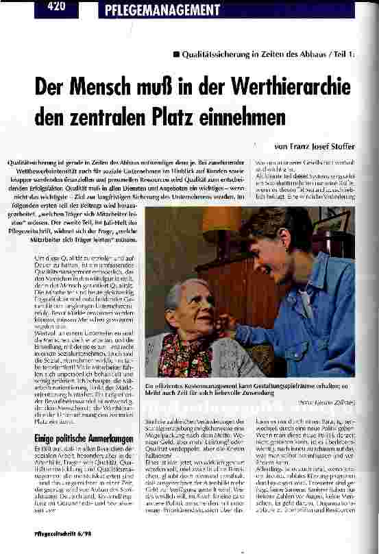 Vorschauseite 1: Der Mensch muß in der Werthierarchie den zentralen Platz einnehmen Qualitätssicherung in Zeiten des Abbaus/Teil 1