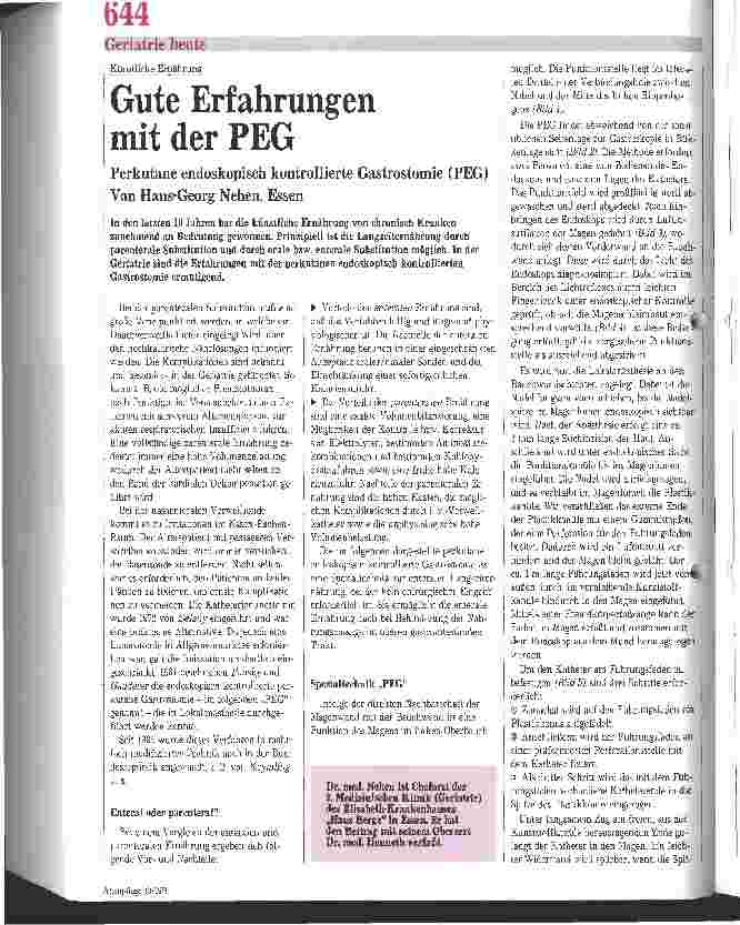 Vorschauseite 1: Künstliche Ernährung: Gute Erfahrung mit PEG Perkutane endoskopisch kontrollierte Gastrostomie