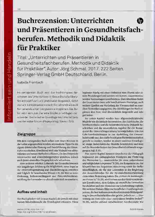 Vorschauseite 1: Buchrezension: Unterrichten und Präsentieren in Gesundheitsfachberufen. Methodik und Didaktik für Praktiker