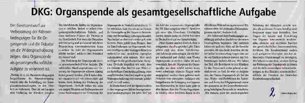 Vorschauseite 1: DKG: Organspende als gesamtgesellschaftliche Aufgabe