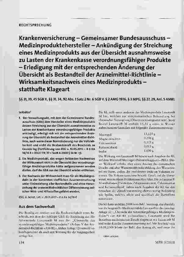 Vorschauseite 1: Krankenversicherung Gemeinsamer Bundesausschuss Medizinproduktehersteller Ankündigung der Streichung eines Medizinprodukts aus der Übersicht ausnahmsweise zu Lasten der Krankenkas…