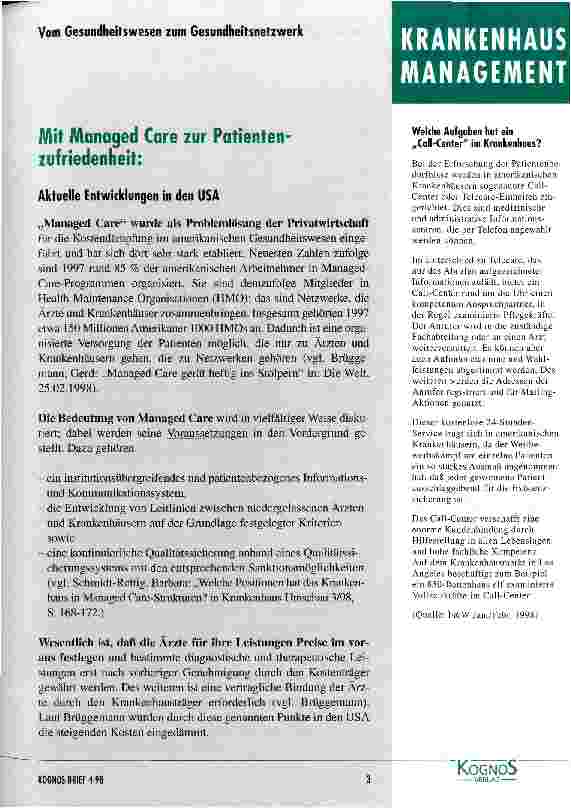 Vorschauseite 1: Mit Managed Care zur Patientenzufriedenheit: Aktuelle Entwicklungen in den USA, Niederlande als Vergleichsmodell? Ausblick und kritische Betrachtung