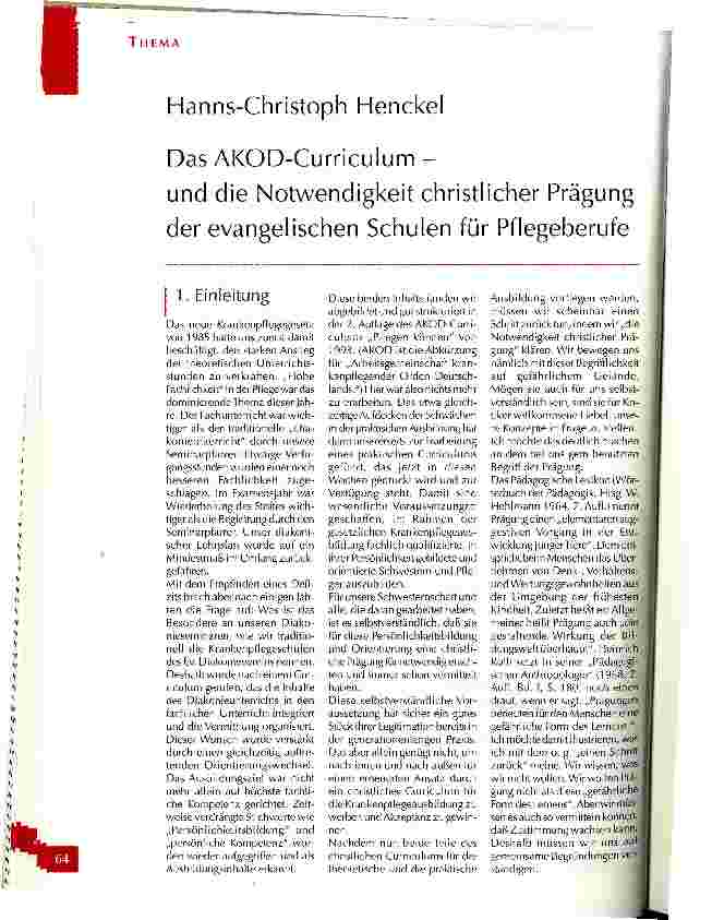 Vorschauseite 1: Das AKOD-Curriculum - und die Notwendigkeit christlicher Prägung der evangelischen Schulen für Pflegeberufe