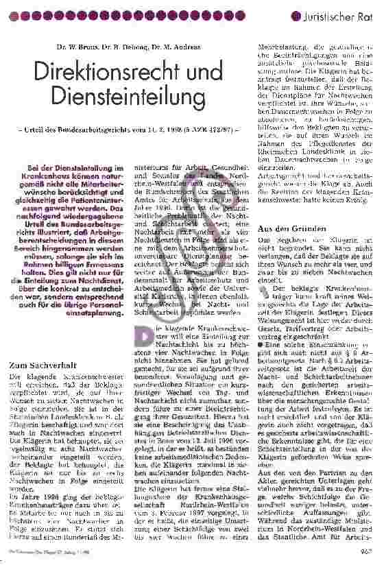Vorschauseite 1: Direktionsrecht und Diensteinteilung Urteil des Bundesarbeitsgerichts