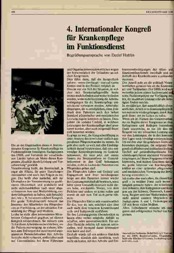Vorschauseite 1: 4. Internationaler Kongreß für Krankenpflege im Funktionsdienst Begrüßungsansprache von Detlef Hohlin
