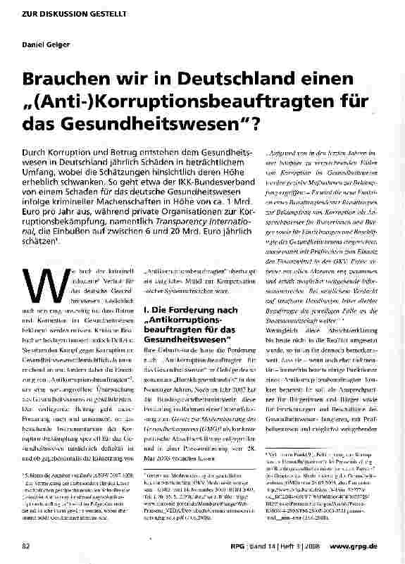 Vorschauseite 1: Brauchen wir in Deutschland einen „(Anti-)Korruptionsbeauftragten das Gesundheitswesen?
