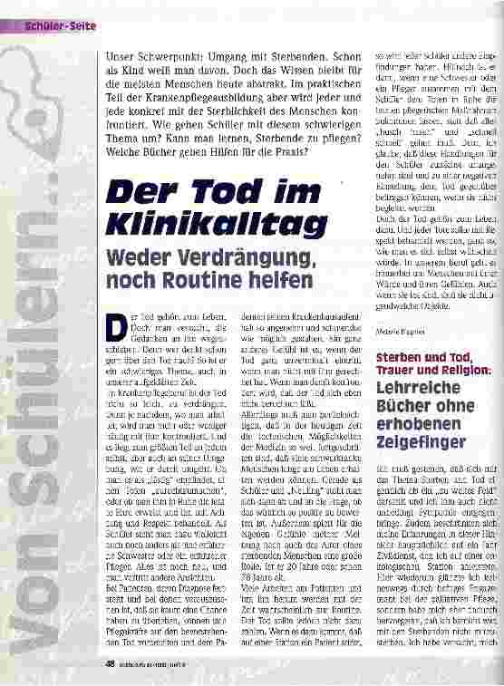 Vorschauseite 1: Der Tod im Klinikalltag Weder Verdrängung, noch Routine verhelfen
