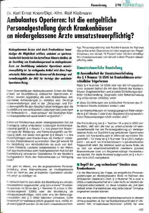 Vorschauseite 1: Ambulantes Operieren: Ist die entgeltiche Personalgestellung durch Krankenhäuser an niedergelassene Ärzte umsatzsteuerpflichtig?