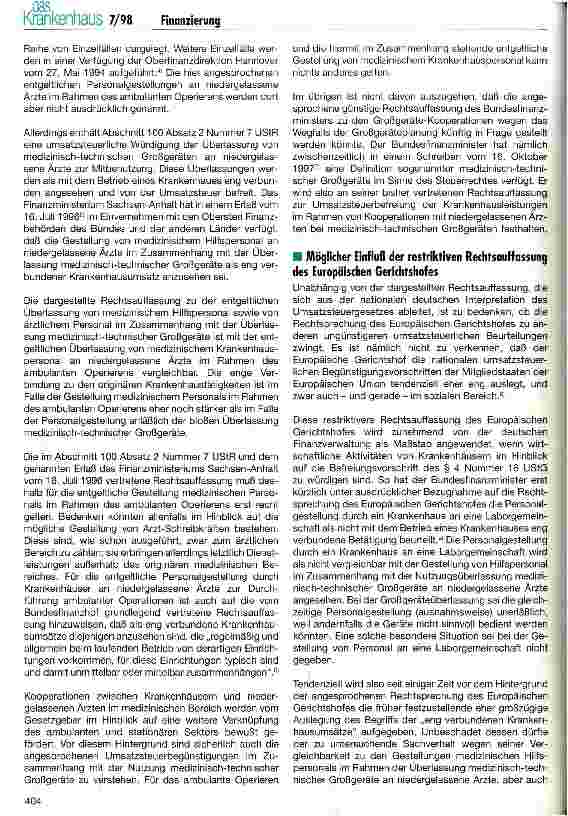 Vorschauseite 2: Ambulantes Operieren: Ist die entgeltiche Personalgestellung durch Krankenhäuser an niedergelassene Ärzte umsatzsteuerpflichtig?