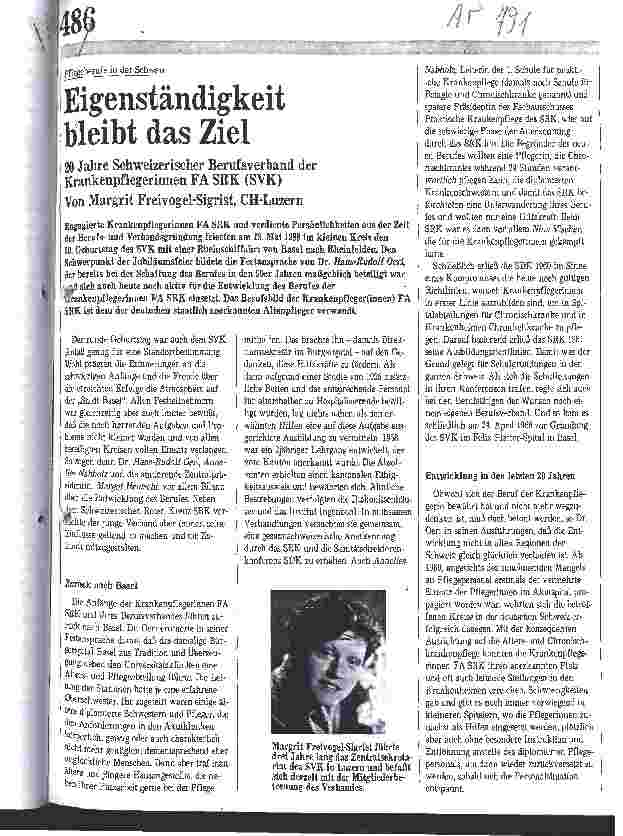 Vorschauseite 1: Pflegeberufe in der Schweiz: Eigenständigkeit bleibt das Ziel 20 Jahre Schweizerischer Berufsverband der KrankenpflegerInnen
