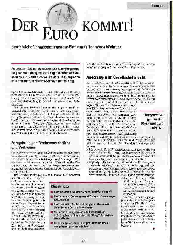 Vorschauseite 1: Der EURO kommt! Betriebliche Voraussetzungen zur Einführung der neuen Währung