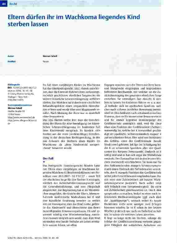 Vorschauseite 1: Eltern dürfen ihr im Wachkoma liegendes Kind sterben lassen