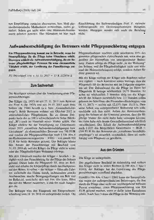 Vorschauseite 1: Aufwandsentschädigung des Betreuers steht Pflegepauschbetrag entgegen