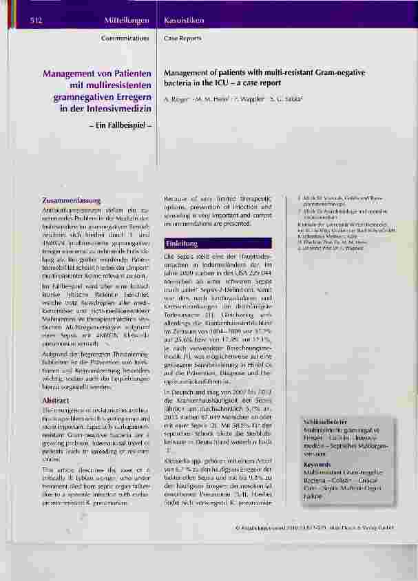 Vorschauseite 1: Management von Patienten mit muitiresistenten gramnegativen Erregern in der Intensivmedizin - Ein Fallbeispiel -