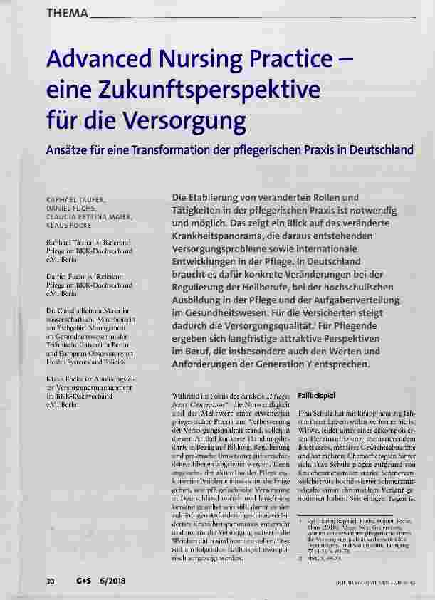 Vorschauseite 1: Advanced Nursing Practice eine Zukunftsperspektive für die Versorgung