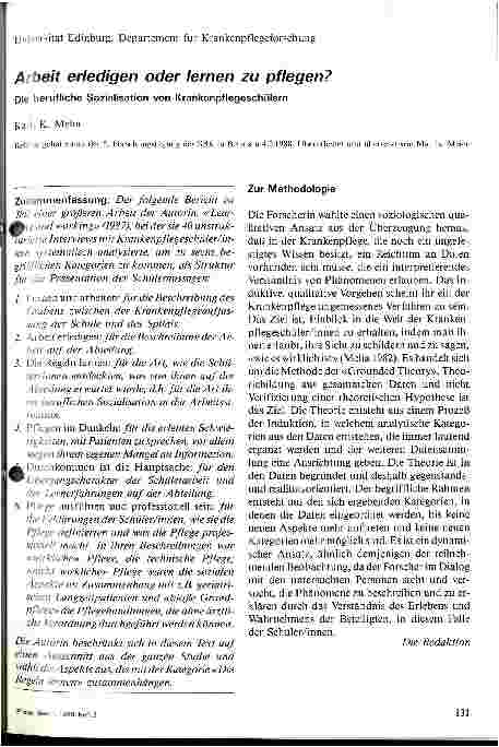 Vorschauseite 1: Arbeit erledigen oder lernen zu pflegen? Übersetzt v. Martha Meier Die berufliche Sozialisation von Krankenpflegeschülern