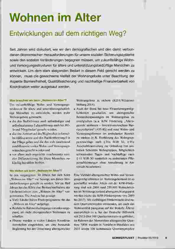 Vorschauseite 1: Wohnen im Alter Entwicklungen auf dem richtigen Weg?
