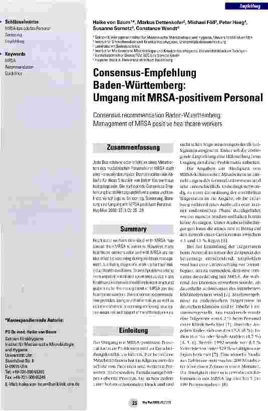 Vorschauseite 1: Consensus-Empfehlung Baden-Württemberg: Umgang mit MRSA-positivem Personal